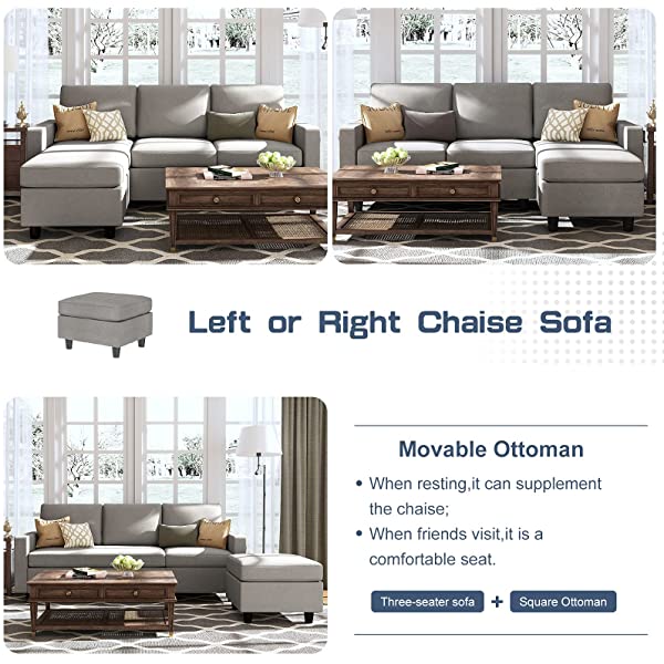 HONBAY Convertible Sectional Sofa Couch, L-Shaped Couch with Modern Linen Fabric for Small Space Dark Grey