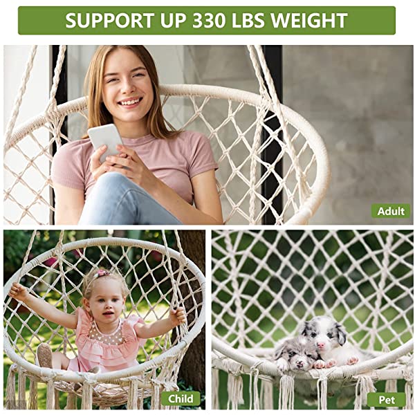 HBlife Hammock Chair, Hanging Swing with Macrame and Cushion, Max 330 Lbs, Beige Hanging Cotton Rope Chair for Indoor, Outdoor, Bedroom, Patio, Yard, Deck, Garden, Porch