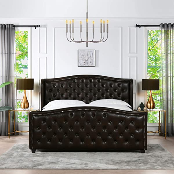 Jennifer Taylor Home Marcella Collection Queen Wingback Tufted Hand-Applied Nail Heads Upholstered Bed, Antique White Antique White Queen