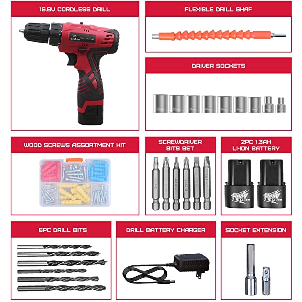 Dedeo Tool Set with Drill, 108Pcs Cordless Drill Household Power Tools Set with 16.8V Lithium Driver Claw Hammer Wrenches Pliers DIY Accessories Tool Kit Medium