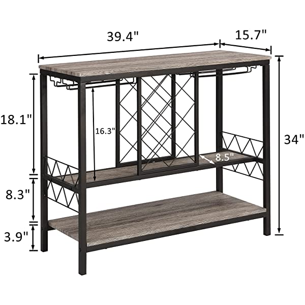 O&K FURNITURE Industrial Wine Rack Table with Glass Holder, Wine Bar Cabinet with Storage, Brown