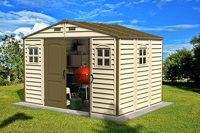 Duramax WoodSide 10 x 8 (8.02 m2) Plastic Garden Shed with 3 Fixed Windows & Metal Foundation Kit, Strong Metal Roof Structure Fire Retardant and Maintenance-Free Storage Shed - Ivory/Brown