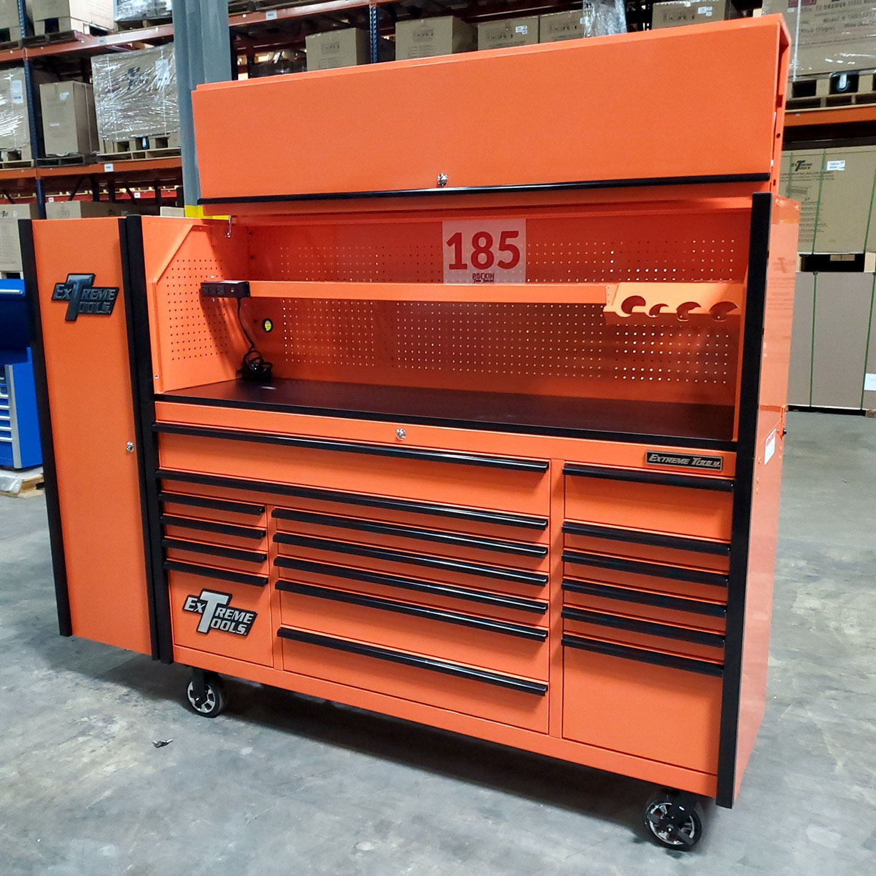 used toolboxScratch & Dent, Extreme Tools DX Series 72 x 21 Triple Bank Roller, Hutch & Side Locker Combo in Orange with Black