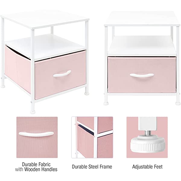 Sorbus Nightstand 1-Drawer Shelf Storage- Bedside Furniture & Accent End Table Chest for Home, Bedroom, Office, College Dorm, Steel Frame, Wood Top, Easy Pull Fabric Bins (Rustic Wood)