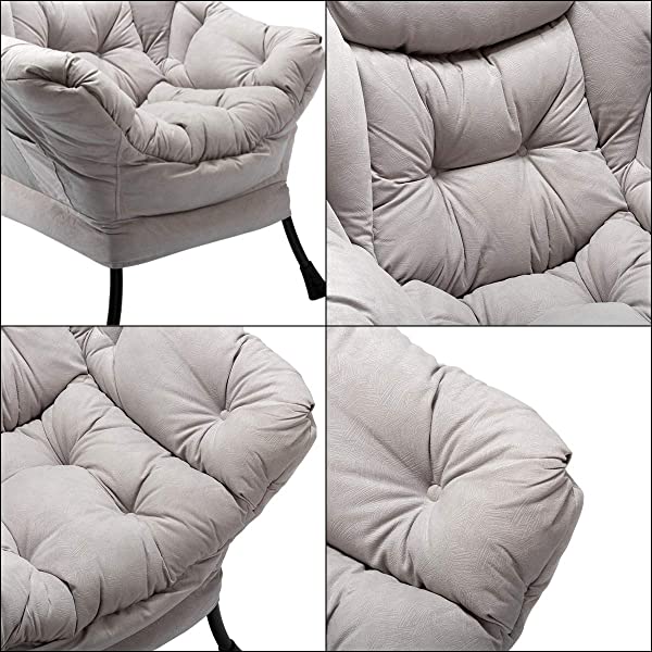 AbocoFur Modern Large Cotton Fabric Lazy Chair，Accent Contemporary Lounge Chair, Single Steel Frame Leisure Sofa Chair with Armrests and A Side Pocket, Beige