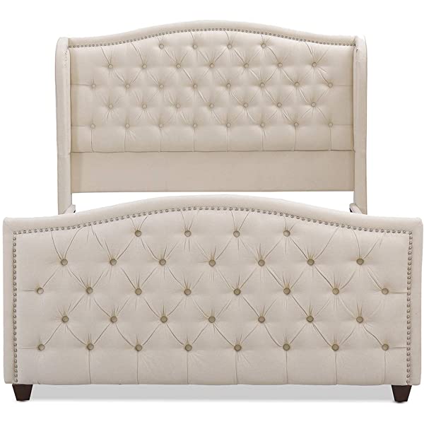 Jennifer Taylor Home Marcella Collection Queen Wingback Tufted Hand-Applied Nail Heads Upholstered Bed, Antique White Antique White Queen