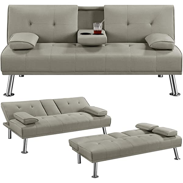 YAHEETECH Linen Fabric Modern Sofa Bed Sectional Couch Bed Folding Recliner Sleeper Reversible Loveseat Convertible Daybed, 2 Cup Holders, 3 Angles, 772lb Capacity, Removable Armrests, Dark Gray