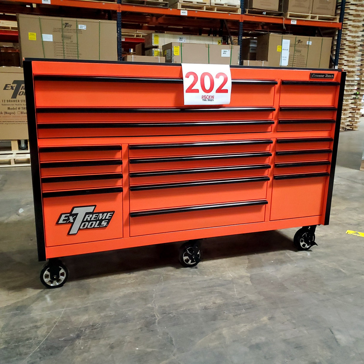 used toolboxScratch & Dent, Extreme Tools RX Series 72 19 Drawers 25 Deep Roller Cabinet, Orange, 150 lbs. Slides C Showroom Demo