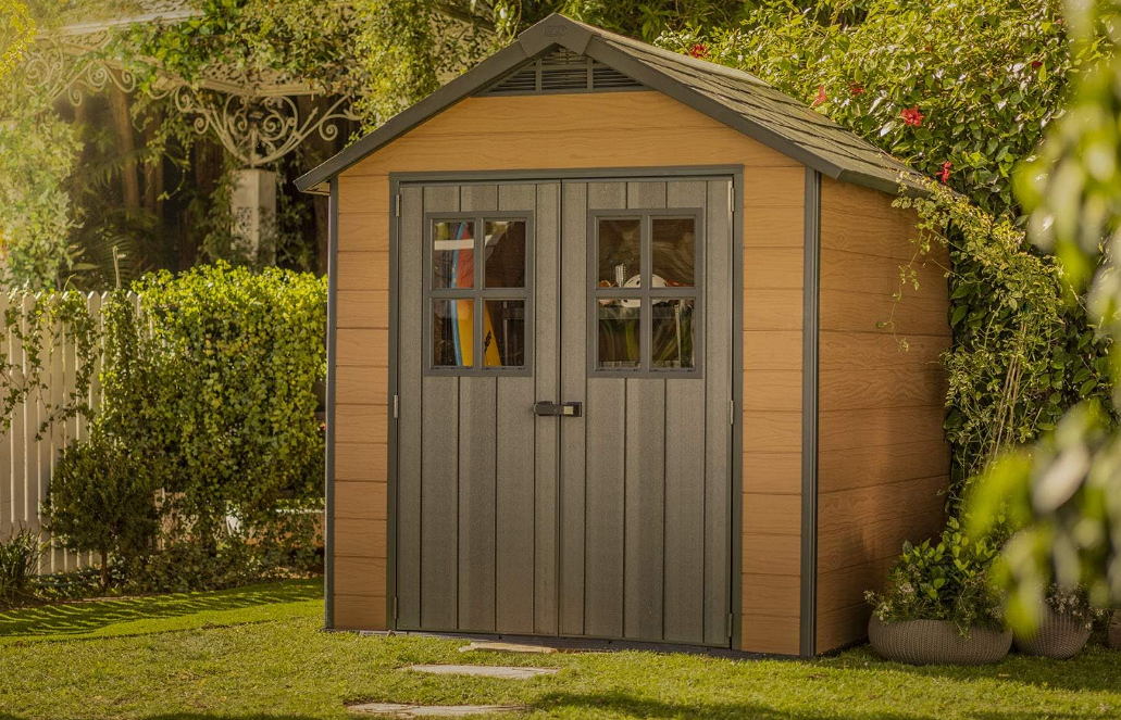 KETER Newton 7.5x7 Large Resin Outdoor Storage Shed Kit – Perfect to Store Patio Furniture, Garden Tools, Bike Accessories, and Lawn Mower, Mahogany Brown